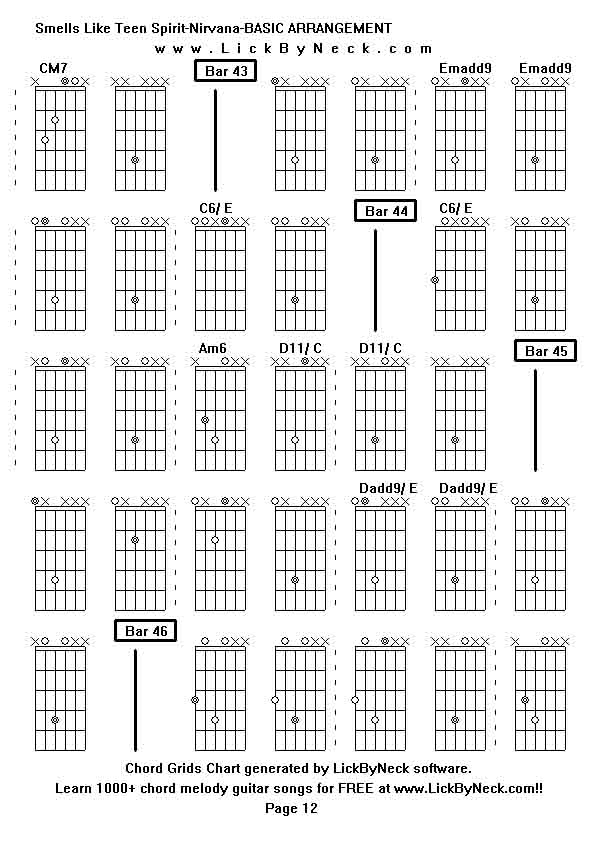 Chord Grids Chart of chord melody fingerstyle guitar song-Smells Like Teen Spirit-Nirvana-BASIC ARRANGEMENT,generated by LickByNeck software.